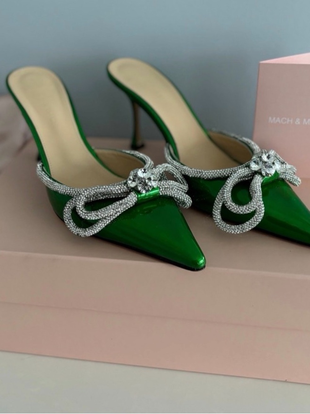 Mach & Mach Double Bow Green Mules